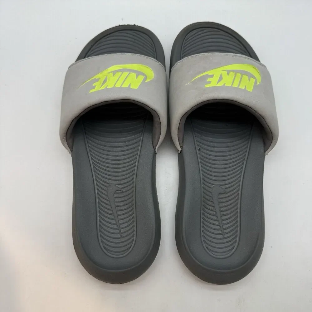 Nike Victori One Slide Sandals Men's 7 Gray Neon Green Slip-On Sport CN9675-011